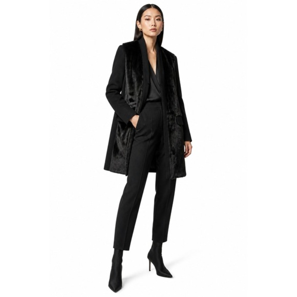 Warehouse Black Faux Fur Front Wool Blend Coat Women Size 10